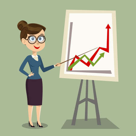 Vector cartoon smiling female teacher with pointer on lesson at blackboard in classroom, showing on board. Design template, EPS10 illustration.のイラスト素材