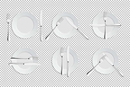 Vector realistic cutlery and signs of table etiquette. Catering facilities isolated icons. Set of of forks, table knives and plates. EPS10 illustration of tableware for cafes, restaurants etc.のイラスト素材