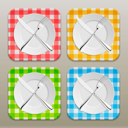 Dinner place setting icon set. Realistic white plate with silver fork and spoon on a checkered tablecloth background - red, yellow, green, blue. Design template, EPS10 illustration.のイラスト素材