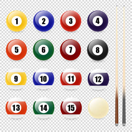 Vector realistic pool - billiard balls and cue closeup isolated on transparent background. Design template in EPS10.のイラスト素材