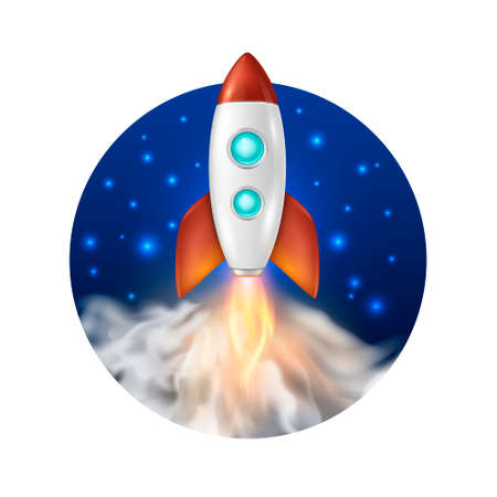 Vector background with retro space rocket ship launch, Template for project start up and development process, creative idea etc.のイラスト素材