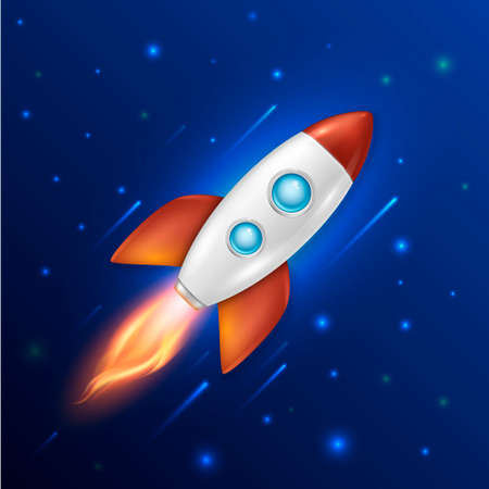 Vector background with retro space rocket ship launch, Template for project start up and development process, creative idea etc.のイラスト素材