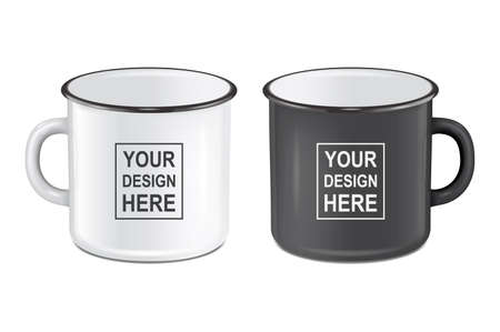Vector realistic enamel metal white and black mugs isolated on white background. EPS10 design template for Mock up.のイラスト素材