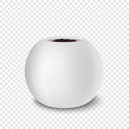 Realistic vector white flower pot with soil closeup isolated on transparent background. Design template for branding, mockup. EPS10 illustration.のイラスト素材