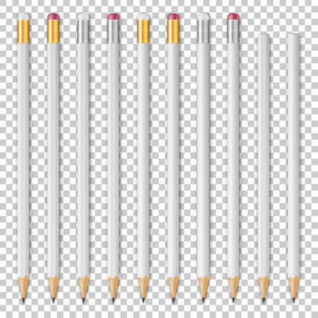 Realistic vector white empty wood sharp pencil icon set. Closeup isolated on transparent background. Design template for branding, mockup. EPS10.のイラスト素材