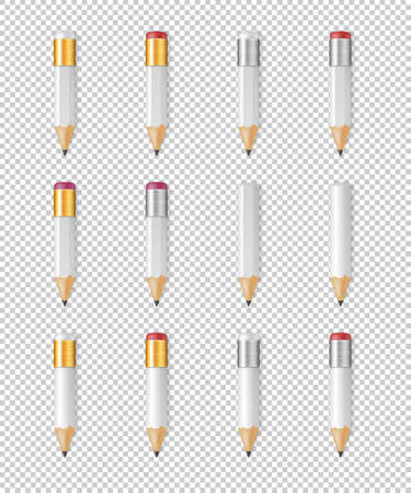 Realistic vector white empty wood sharp pencil icon set. Closeup isolated on transparent background. Design template for branding, mockup. EPS10.のイラスト素材