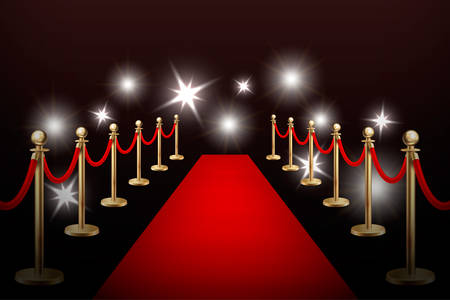 Realistic red event carpet , gold barriers and flashes.のイラスト素材