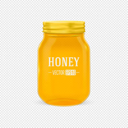 Vector realistic glass jar of honey with golden lid closeup isolated on transparent background. Design template for advertise, branding, mockup. EPS10 illustration.のイラスト素材