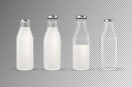 Vector realistic transparent closed and open empty and full glass milk bottle set with silvery lid closeup isolated on transparent background. Design template for advertise, branding, mockup. EPS10.のイラスト素材