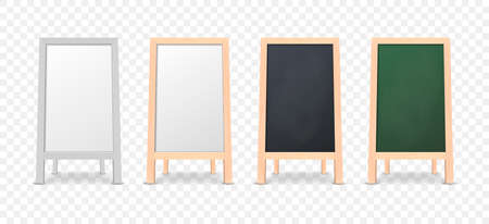 Realistic special menu announcement board icon set isolated on transparent background. Clean restaurant outdoor blackboard background. Mockup of chalkboard for restaurant menu. Front view. Stock vector. EPS10 illustration.のイラスト素材