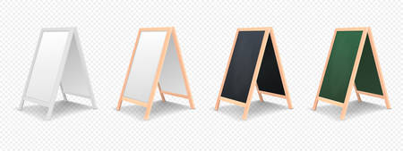 Realistic special menu announcement board icon set isolated on transparent background. Clean restaurant outdoor blackboard background. Mockup of chalkboard for restaurant menu. Side view. Stock vector. EPS10 illustration.のイラスト素材