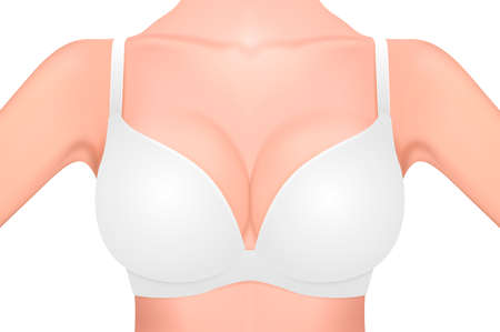 Beautiful realistic female breast in a white bra close-up isolated on white background. Design template. Women health, intimate hygiene, Breast Cancer Awareness concept. Stock vector mockup. EPS10.のイラスト素材