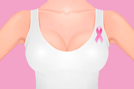 Beautiful realistic female breast in a white tank top with pink ribbon close-up on pink background. Design template. Breast Cancer Awareness concept. Stock vector. EPS10 illustration.のイラスト素材