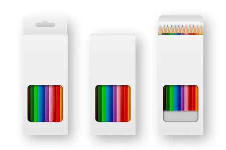 Vector realistic box of colored pencils icon set closeup isolated on white background. Design template, clipart or mockup for graphics - web, app, branding, advertising. Top view.のイラスト素材