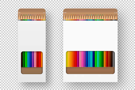 Vector realistic box of colored pencils icon set closeup isolated on white background. Design template, clipart or mockup for graphics - web, app, branding, advertising. Top view.のイラスト素材