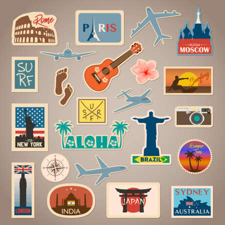Vector travel sticker and label set with famous countries, cities, monuments, flags and symbols in...
