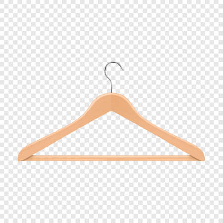 Realistic vector clothes coat wooden hanger close up isolated on transparency grid background. Design template, clip-art or mock-up for graphics, advertising, etc.のイラスト素材