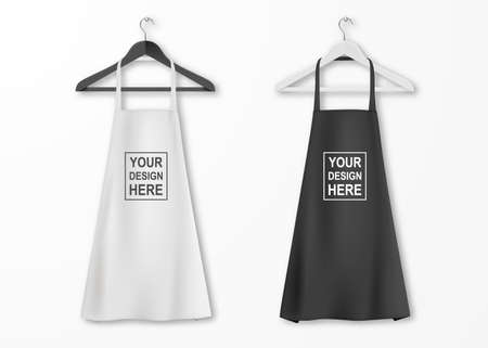Vector white and black cotton kitchen apron set with clothes hangers closeup isolated on white background. Design template, mock up for branding, advertising etc. Cooking or baker concept.のイラスト素材
