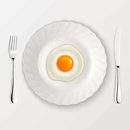 Realistic fried egg icon on a plate with fork and knife. Design template. Vector illustration.のイラスト素材