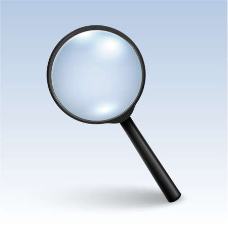 Photo-realistic vector 3d black magnifying glass or Loup icon closeup on table, side view with shadow. Design template for graphics.のイラスト素材