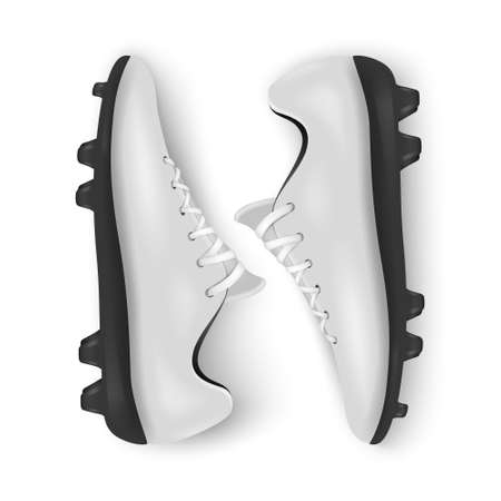 Photo-realistic vector 3d white blank pair mens football or soccer boots, shoes closeup isolated on white background. Soccer game professional footballers equipment. Design template or mockup for graphics.のイラスト素材