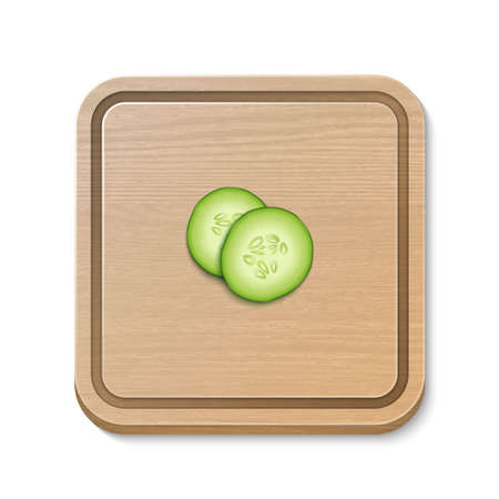 Two realistic vector 3d slice juicy cucumbers icon on a square cutting board. Design template for graphics, closeup isolated on white background, top view.のイラスト素材