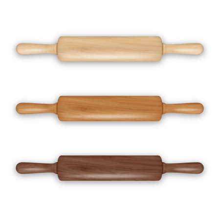 Vector realistic 3D wooden rolling pin icon set closeup isolated on white background. Top view. Design template for graphicsのイラスト素材