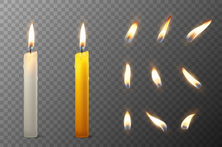 Vector 3d realistic white and orange paraffin or wax burning party candle and different flame of a candle icon set closeup isolated on transparency grid background. Design template, clipart for graphics.のイラスト素材