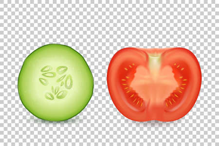 Vector 3d realistic slice juicy cucumber and tomato in a cut icon set closeup isolated on transparency grid background. Half of a vegetable. Design template, clipart for graphics.のイラスト素材