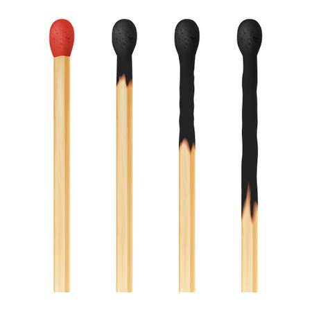 Vector 3d realistic colorful match stick icon set, closeup isolated on white background. Whole and burnt matchstick. Stages of burning the match. Symbol of ignition, burning and withering. Design template, clipart for graphics.のイラスト素材
