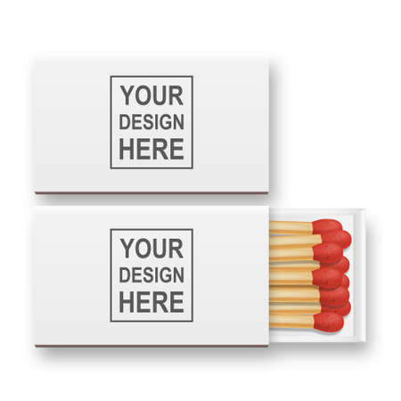 Vector 3d realistic closed and opened blank box of matches icon set, closeup isolated on white background, top View. Design template, clipart for graphics.のイラスト素材