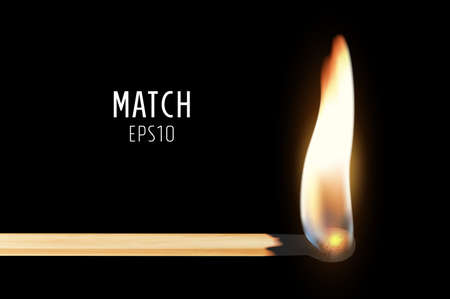 Vector 3d realistic burning match stick icon closeup on dark background. Symbol of ignition, burning and withering. Design template, clipart for graphicsのイラスト素材