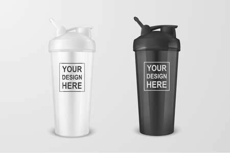 Vector realistic 3d white and black empty glossy metal shaker for sports nutrition icon set closeup on white background. Design template of packaging mockup for graphics. Front viewのイラスト素材