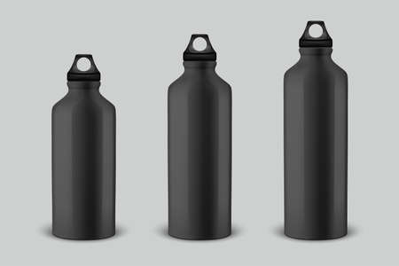 Vector realistic 3d different size - small, medium, large - black empty glossy metal water bottle with black bung icon set closeup isolated on white background. Design template of packaging mockup for graphics. Front viewのイラスト素材