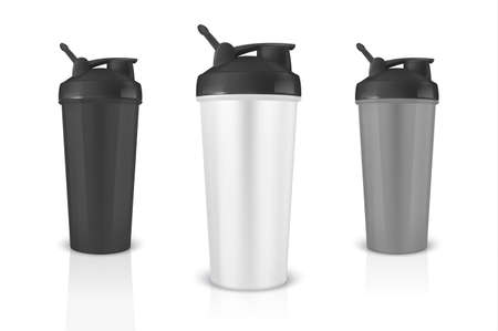 Vector realistic 3d white, black and gray empty glossy metal shaker for sports nutrition with black cap icon set closeup isolated on white background. Design template of packaging mockup for graphics. Front viewのイラスト素材