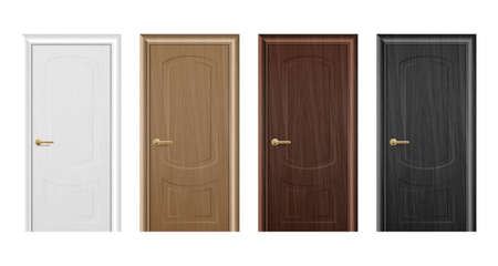 Vector realistic different closed brown wooden door icon set closeup isolated on white background. Elements of architecture. Design template for graphics, Front view.のイラスト素材