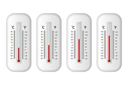 Vector realistic 3d celsius and fahrenheit meteorology, weather thermometer icon set closeup isolated on white background. Clip art, design template for graphics. Thermometers with different levels.のイラスト素材