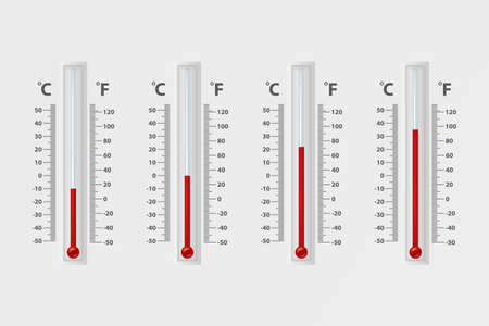 Vector realistic 3d celsius and fahrenheit meteorology, weather thermometer sign icon set closeup...