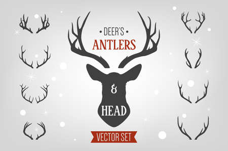 Black silhouette hand drawn deer s horn, antler and head set. Animal antler collection. Design elements of deer. Wildlife hunters, hipster, Christmas and New Year conceptのイラスト素材