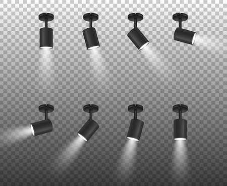 Vector Realistic 3d Black Spotlights Set in Different Slopes Closeup Isolated on Transparent Background. Design Template of Bright Lighting Glowing Spots with Ligh Effect for Ceremony, show, stage etcのイラスト素材