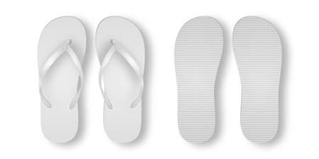 Vector Realistic 3d White Blank Empty Flip Flop Set Closeup Isolated on White Background. Design Template of Summer Beach Flip Flops Pair For Advertise,  Print, Mockup. Front and Back Viewのイラスト素材