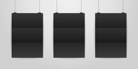 Three Vector Realistic Black Blank Vertical A4 Folded Paper Poster Hanging on a Rope with Binder Clip Set on White Wall mock-up. Empty Poster Design Template for Graphics, Mockup.のイラスト素材