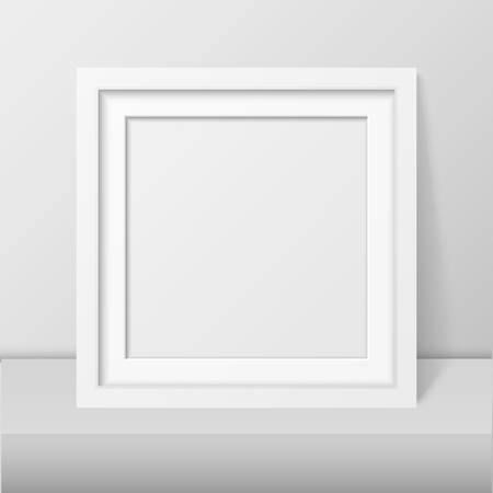 Vector 3d Realistic Modern Interior White Blank Vertical Square Wooden Poster Picture Frame on Table, Shelf Closeup on White Wall, Mock-up. Empty Poster Frame Design Template for Mockup, Presentation.のイラスト素材