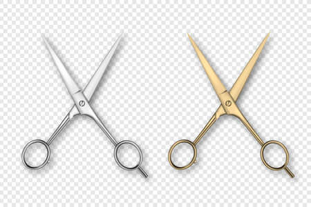 Vector 3d Realistic Silver and Gold Metal Opened Stationery Scissor Icon Set Closeup Isolated on Transparency Grid Background. Design Template of Classic Scissors for Graphics, Mockup. Top View.のイラスト素材
