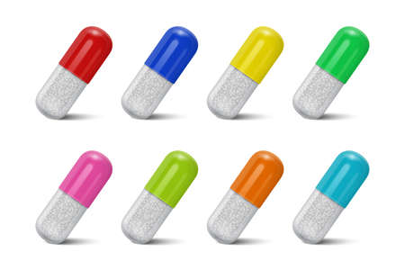 Realistic 3d Different Color Medical Pill, Capsules Icon and Mock-up Set Isolated on White Background. Design Template of Pills for Graphics, Mockup. Medical and Healthcare Concept. Verticalのイラスト素材