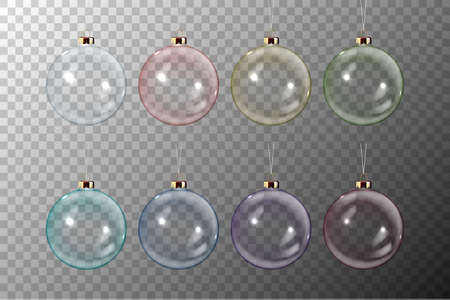 Vector Realistic 3d Christmas Transparent Glossy Glass Ball Icon, Mock-up Set Closeup Isolated. Design Template of Xmas and New Year Tree Toy Decoration Crystal Ball for Mockup. Front View.のイラスト素材
