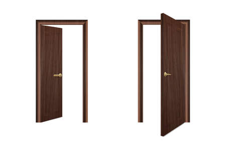 Vector Realistic Different Opened and Closed White Wooden Door Icon Set Closeup Isolated on Brown Background. Elements of Architecture. Design template of Classic Home Door for Graphics. Front View.のイラスト素材