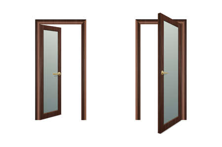 Vector Realistic Different Opened and Closed White Wooden Door Icon Set Closeup Isolated on Brown Background. Elements of Architecture. Design template of Classic Home Door for Graphics. Front View.のイラスト素材