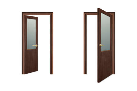 Vector Realistic Different Opened and Closed White Wooden Door Icon Set Closeup Isolated on Brown Background. Elements of Architecture. Design template of Classic Home Door for Graphics. Front View.のイラスト素材