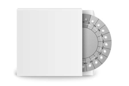 Vector Realistic Packaging of Birth Control Pills in Box Closeup Isolated. Contraceptive Pill, Hormonal Tablets. Design Template of Women Drugs for Mockup. Planning Pregnancy. Front View.のイラスト素材